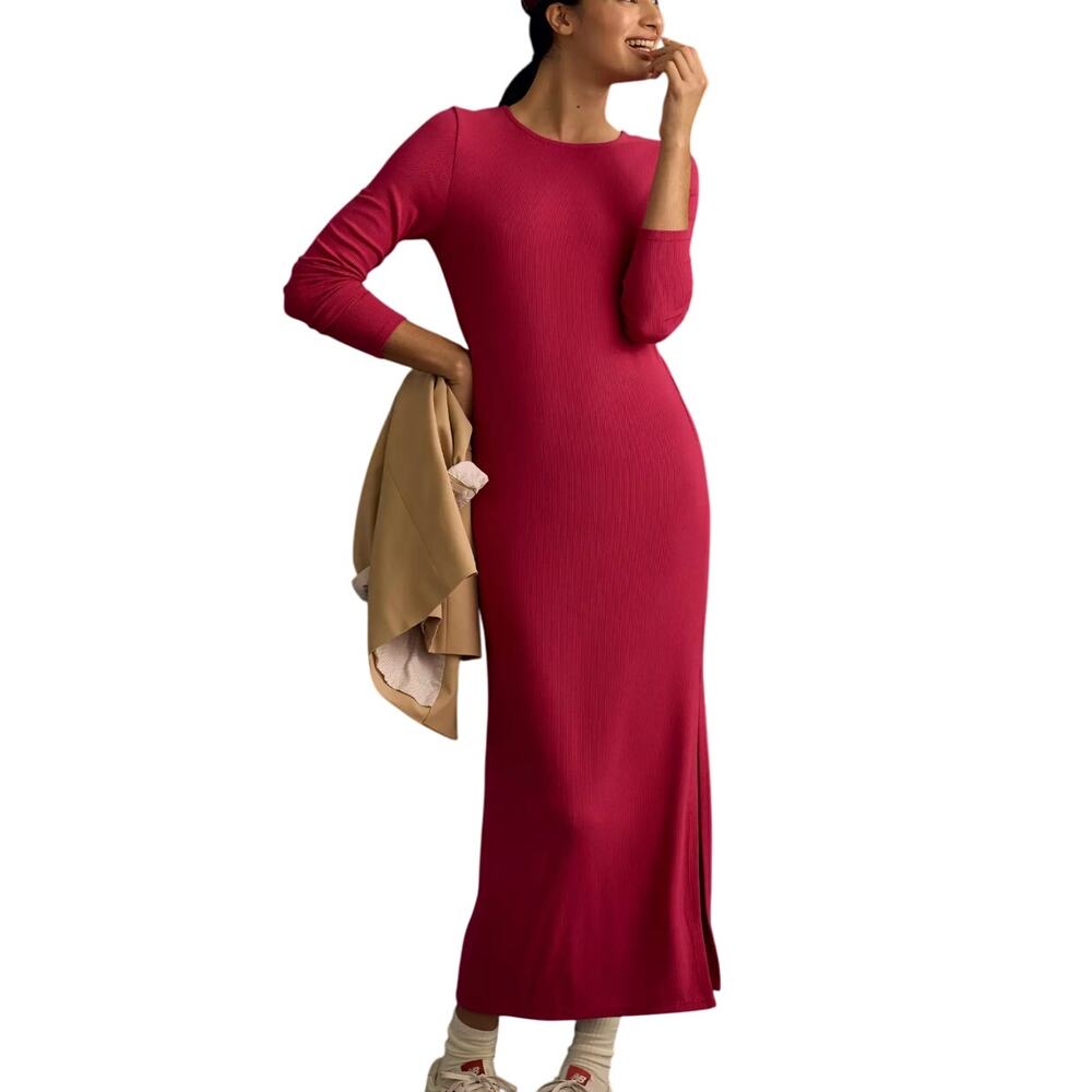 Anthropologie Bordeaux Pink Ribbed Long Sleeve Pencil Maxi Dress Small